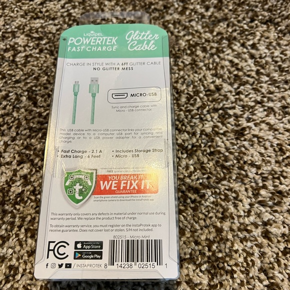 Powertek FastCharge Glitter Cable Micro-USA 6ft. 3 Available Black, White, green - Picture 4 of 6